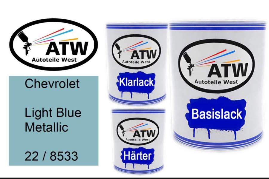 Chevrolet, Light Blue Metallic, 22 / 8533: 1L Lackdose + 1L Klarlack + 500ml Härter - Set, von ATW Autoteile West.